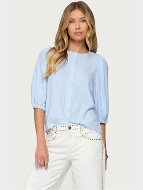 Editked Blue Pinstripe Blue Puff-Sleeve Button-Up Top